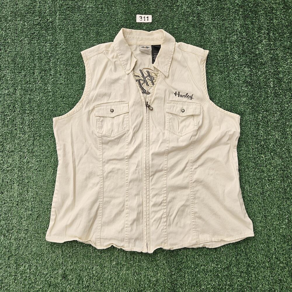 Harley Davidson Vest Womens White Canvis Embroidered Rhinestone Womens size 1W